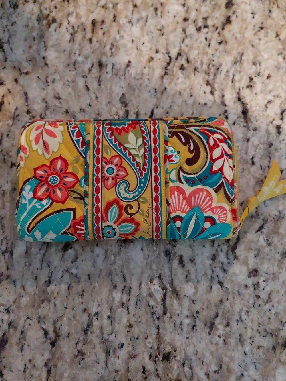 Vera Bradley Yellow Quilted Floral Zip Wallet with Teal & Red Accents
